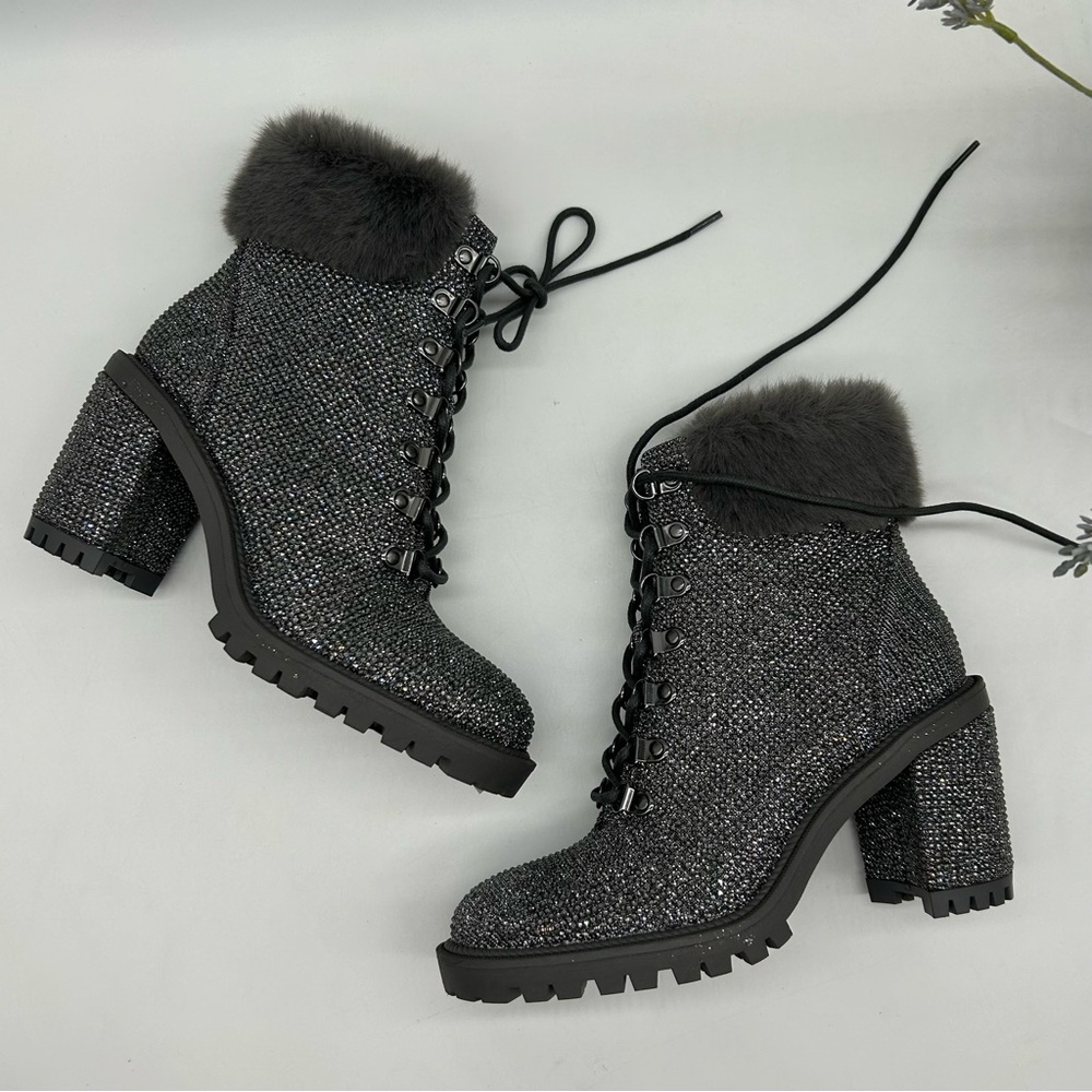 JESSICA SIMPSON Deliah Furry Rhinestone Lace-Up Combat Lug Sole Booties 6.5M NEW